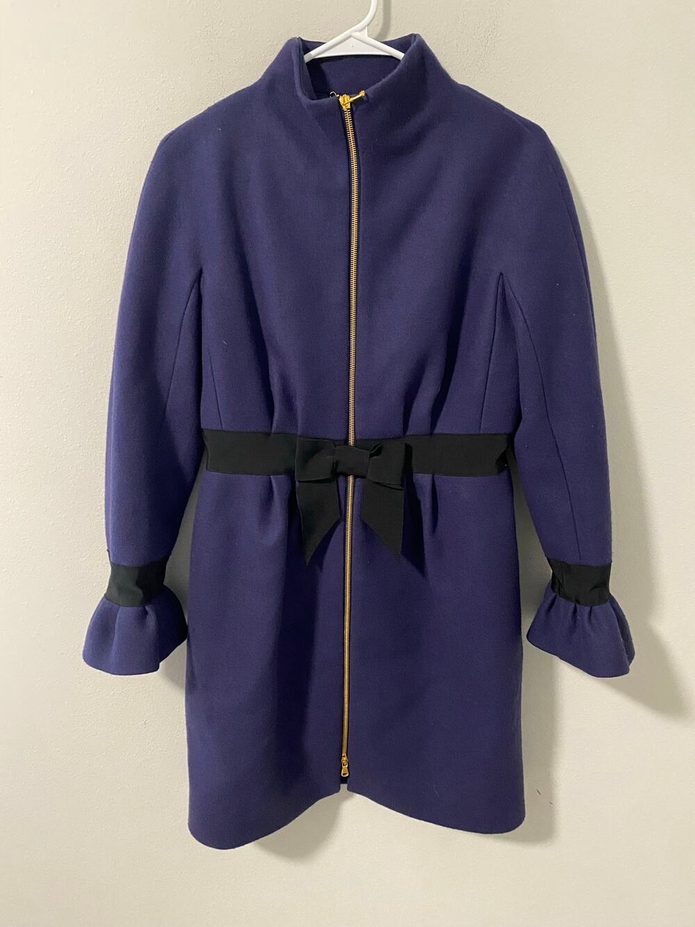 Moschino Made in Italy Navy Wool Coat Gold Zip Bow Waist Designer Jacket Small